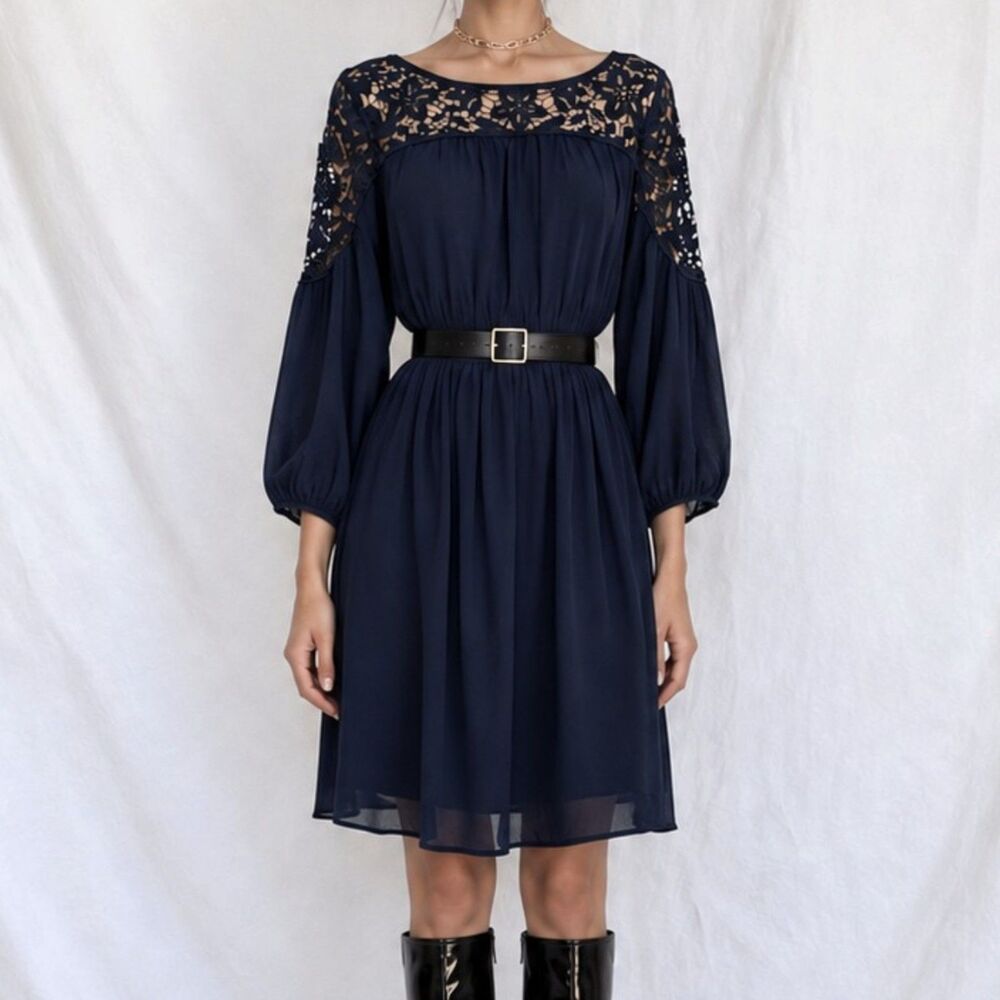 Vintage Y2K 90s Navy Blue Lace Puffy Sleeve Knee Length Flared Knit Dress Size M